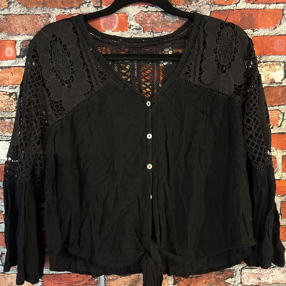 Source Unknown Black Crochet Detail Crop Top